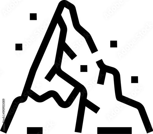 Mountain peak struck by cascading rockfall and avalanche, minimalist black and white line icon conveying natural disaster, danger, erosion, and urgent environmental risk
