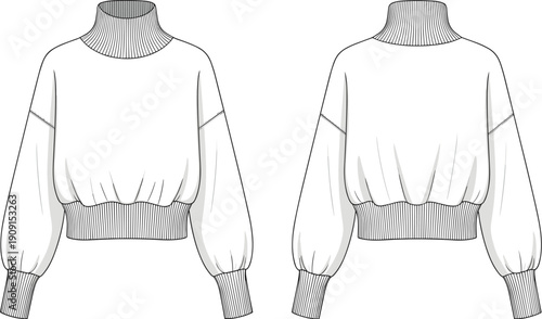 Technical Fashion Illustration of a Modern Turtleneck Sweatshirt: Front and Back Views for Design and Manufacturing