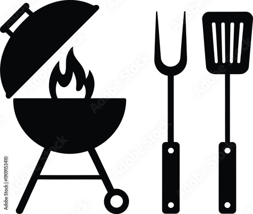 A simple illustration of a barbecue grill with utensils on a white background.
