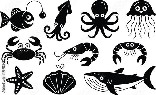 Set of bold, graphic black and white cartoon icons representing various sea animals and ocean inhabitants, perfect for digital design and playful branding.