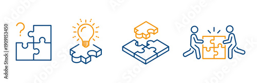 puzzle icons, icon set of question mark puzzle, jigsaw solution, enterprise communication, jigsaw part, line art vector