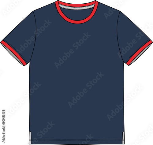 Vibrant Navy Blue Ringer T-Shirt Graphic Design with Red Accents for Fashion Mockups and Apparel Presentation, a Clean and Stylish Template