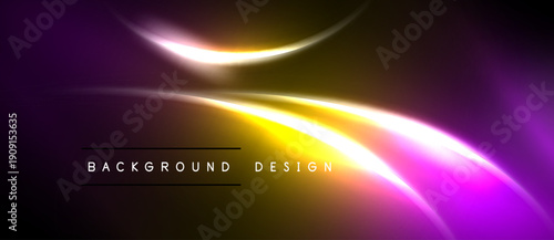 Abstract neon lights, vibrant purple, yellow hues. Dynamic curves create modern background design. Dark space emphasizes glowing elements.
