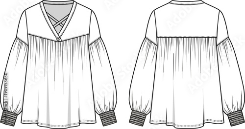 Technical Fashion Illustration: V-Neck Blouse with Bishop Sleeves, Gathering Details, and Cross Over Neckline for Designers and Apparel Production