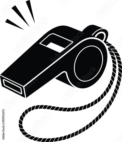 A black and white illustration of a whistle with a rope attached to it.