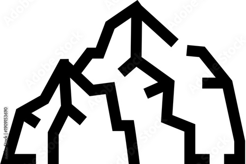 Stylized mountain range icon featuring sharp rugged peaks, a symbol for nature, exploration, climbing, and outdoor challenges, presented in a simple black and white line art style