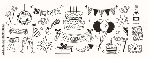 Party doodle. Birthday celebration hand drawn elements. Festive holiday event sketch icons. Disco ball, garlands and karaoke microphone, champagne and cake with candles, balloons. Vector isolated set