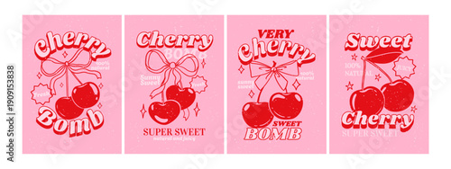 Vintage cherry poster. Retro berry print. Hand drawn cherries with text, slogan, typography. Sweet, fresh, farm, natural cherry banner with stars and grunge texture. Vector set
