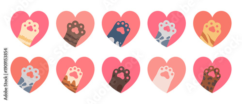 Cat paw in heart. Pet frame. Symbol animal love, pet care for animal lovers. Kitten palms and hands. Hearts stickers for pet shop. Valentine kitty footprint patch. Vector set