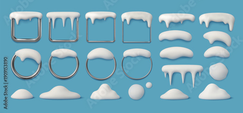 3D snow caps. Realistic icicles cap border. Render winter snow piles on silver frame, freeze snowdrifts on window. Decorative snowy shapes and ice elements. Vector set
