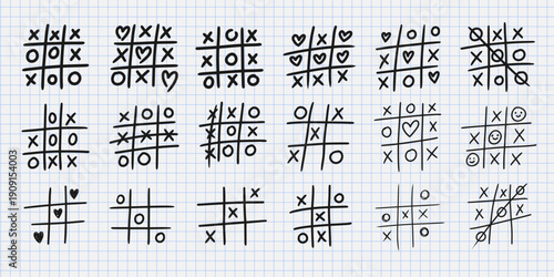 Tic tac toe. Doodle XO game. Hand drawn pencil line game elements, tic-tac-toe play. Sketch brush grid, cross, circle, heart, smile. Drawing playing board. Vector set