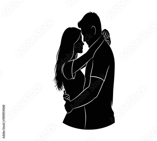 A romantic silhouette depicts a couple embracing tenderly heads closely aligned in a loving moment