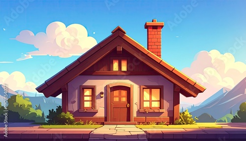 Small cartoon cottage against sunny sky and mountain backdrop