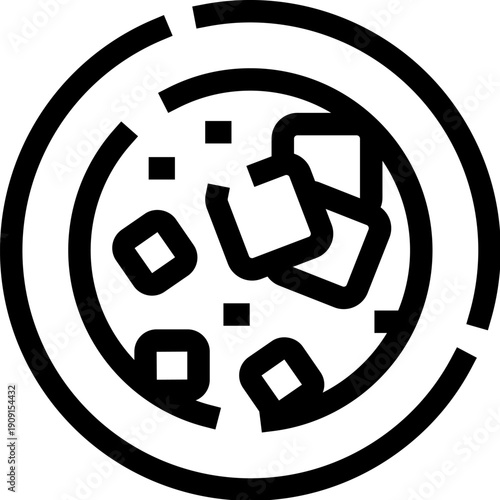 Bowl of hot soup with croutons and garnish in simple black and white line art vector style, minimalist food icon for menu, app, restaurant, recipe, or ui design