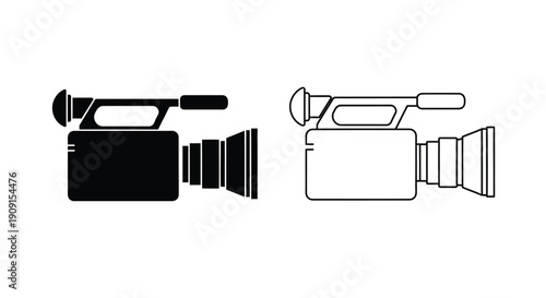 Two depictions of a video camera a solid black and a white outline