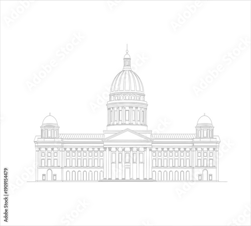 A detailed line drawing depicts the utah state capitol building with its prominent dome and classical architecture