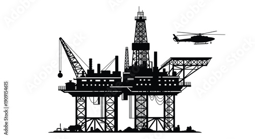 Offshore oil rig with a helicopter and crane depicted in black and white