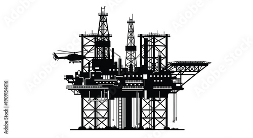 Silhouette of an offshore oil rig with a helicopter landing on top