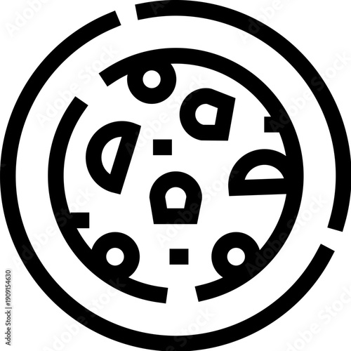 Round pizza icon in minimalist black and white line art, showing classic round pie with cheese and pepperoni perfect for menu, delivery, takeout and web design elements