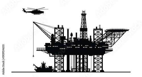 Silhouette of an offshore oil rig with a helicopter and support vessel
