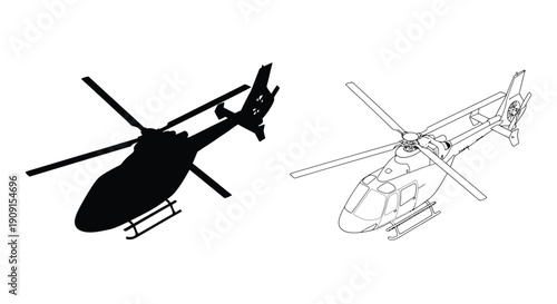Two helicopter illustrations one solid black one white outline