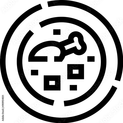 Line icon illustrating a chicken leg in a bowl with various ingredients, representing a meal, food, or restaurant dish concept for menus and digital interfaces