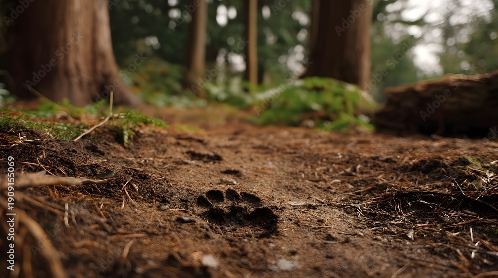 Fototapeta premium Close up of animal paw prints pressed into the damp earth of a forest trail