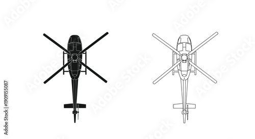 Two helicopter schematics shown in contrasting black and white tones