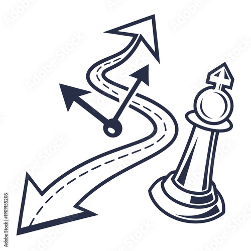A chess piece with multiple arrows pointing in different directions