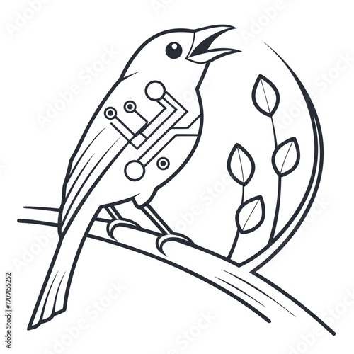A bird with a circuit board on its chest perches on a leafy branch