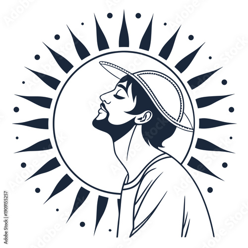 A man in a hat looking up at the sun