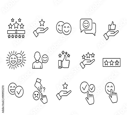 A collection of simple black and white line icons representing positive feedback ratings and social interaction