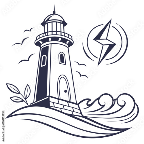 A lighthouse on a rocky coastline with a compass in the background