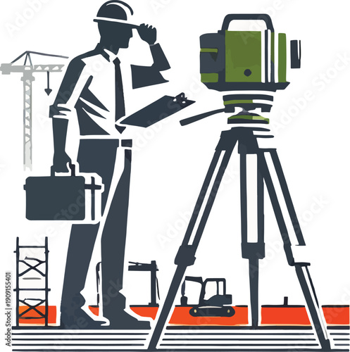 Surveyor With Surveying Equipment At Construction Site