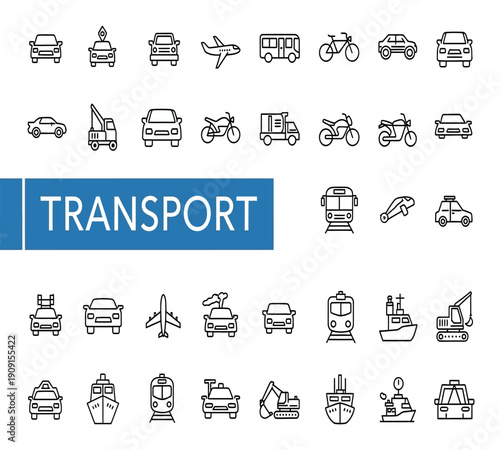A collection of minimalist line art icons depicting various modes of transport including cars planes and bicycles
