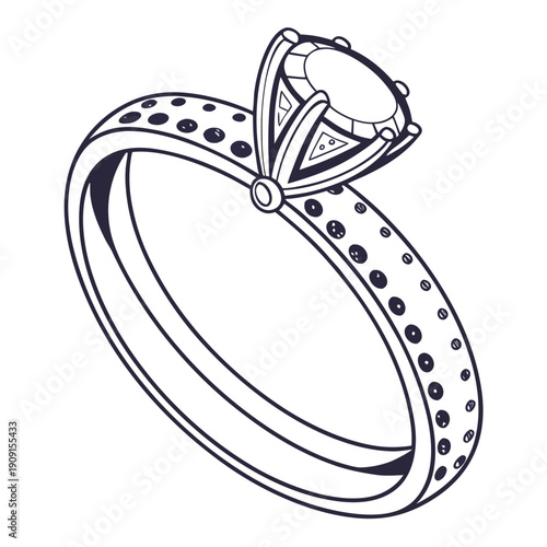 A detailed line drawing of a diamond solitaire ring