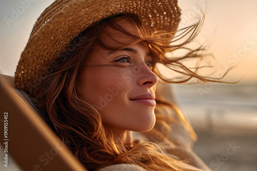 Young woman beachgoer in straw hat reclining on a deck chair, auburn hair and freckles illuminated by warm golden - hour sunset breeze