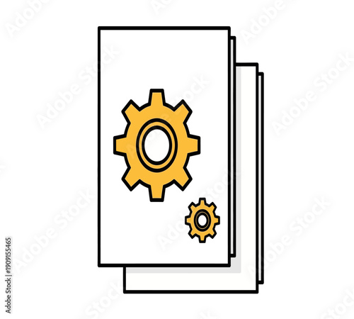 A stack of papers displays a golden gear and a smaller cogwheel symbolizing mechanics or processes