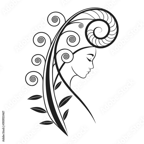 A black and white drawing of a woman's face with a floral design