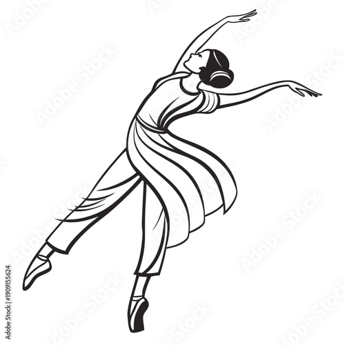 A black and white drawing of a woman in a dance pose