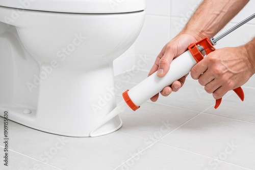 Close-up shot of a man sealing the base of a toilet with silicone caulk for plumbing maintenance and repair with a sealant gun in a bathroom setting.