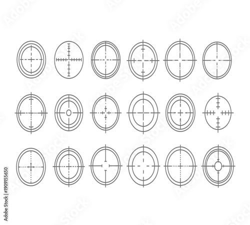 A collection of circular reticles with varying crosshair designs arranged in a grid pattern on a white background