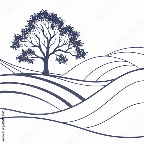 A tree on a hill with wavy lines