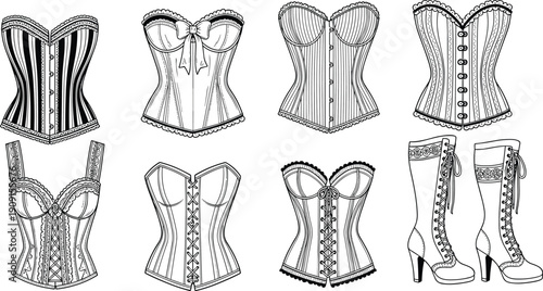 Detailed Black and White Vector Illustration Featuring a Collection of Vintage Victorian Corsets Lace Up Bodices and Elegant High Heel Boots for Fashion Design