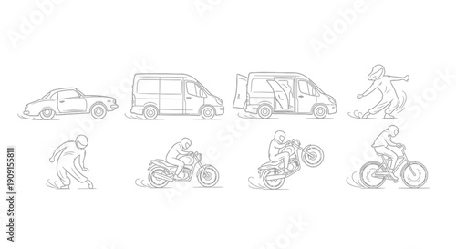 Sketchy Line Art: Vehicles and People in Motion - Car, Van, Motorcycle, Bicycle, Stunt