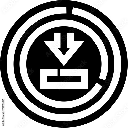 Black and white icon of a downward arrow entering a rectangle inside broken concentric rings with extra arrows, symbolizing data download, transfer, loading and network activity