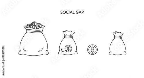 Social Gap Illustrated by Money Bags: Wealth Inequality, Poverty, and Richness