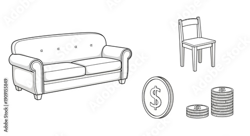 Sofa, Chair, and Coins: Home Furnishings and Financial Savings Concept