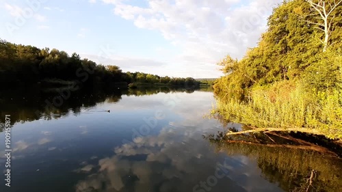 Spring lake landscape shows trees reflecting perfectly in calm water near Regensburg Germany