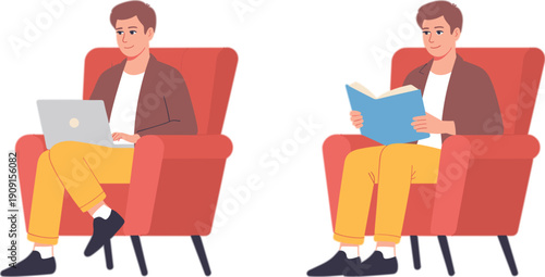 Young man sitting in armchair using laptop and reading book, cozy lifestyle illustration representing remote work, study, relaxation, and home comfort in modern flat style